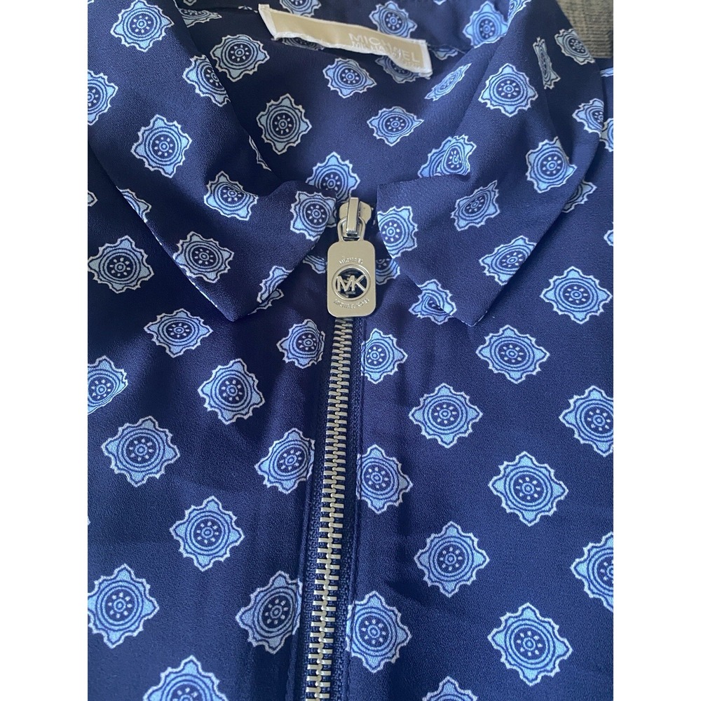 Michael Kors Women's 6 Blue Floral Leaf Print Zipper Popover Blouse 3/4 Sleeves